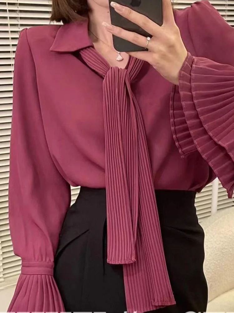 

Плиссированная Лоскутная рубашка с расклешенными рукавами, элегантная Офисная Женская однобортная блузка на шнуровке, осень 2023, новый топ X015