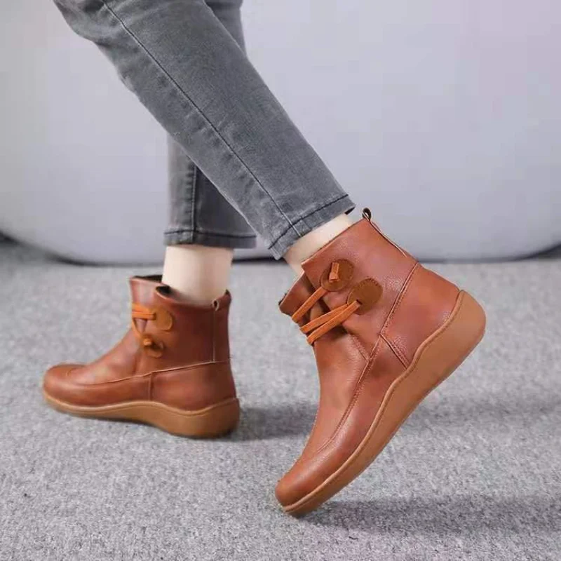 

Women PU Leather Ankle Boots Women Autumn Winter Cross Strappy Vintage Boots Casual Slip-on Flat Shoes Botas Mujer Boots Women's