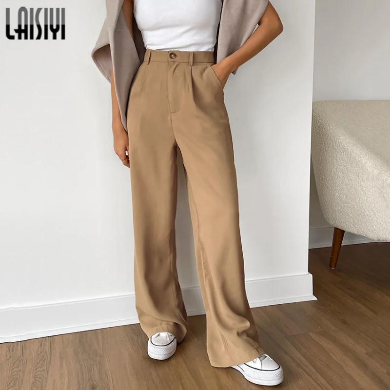 

Khaki Suit Pants Women Wide Leg Pants Y2k Streetwear Outfits Woman Clothes Solid Button Straigh Pants Ladies High Waist Trousers