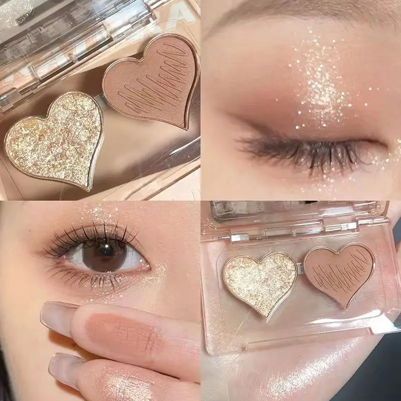 

Love Double Color Glitter Matte Eyeshadow Highlighter Palette Peach Powder Glitter Pearl Waterproof Eye Shadow Makeup Cosmetic