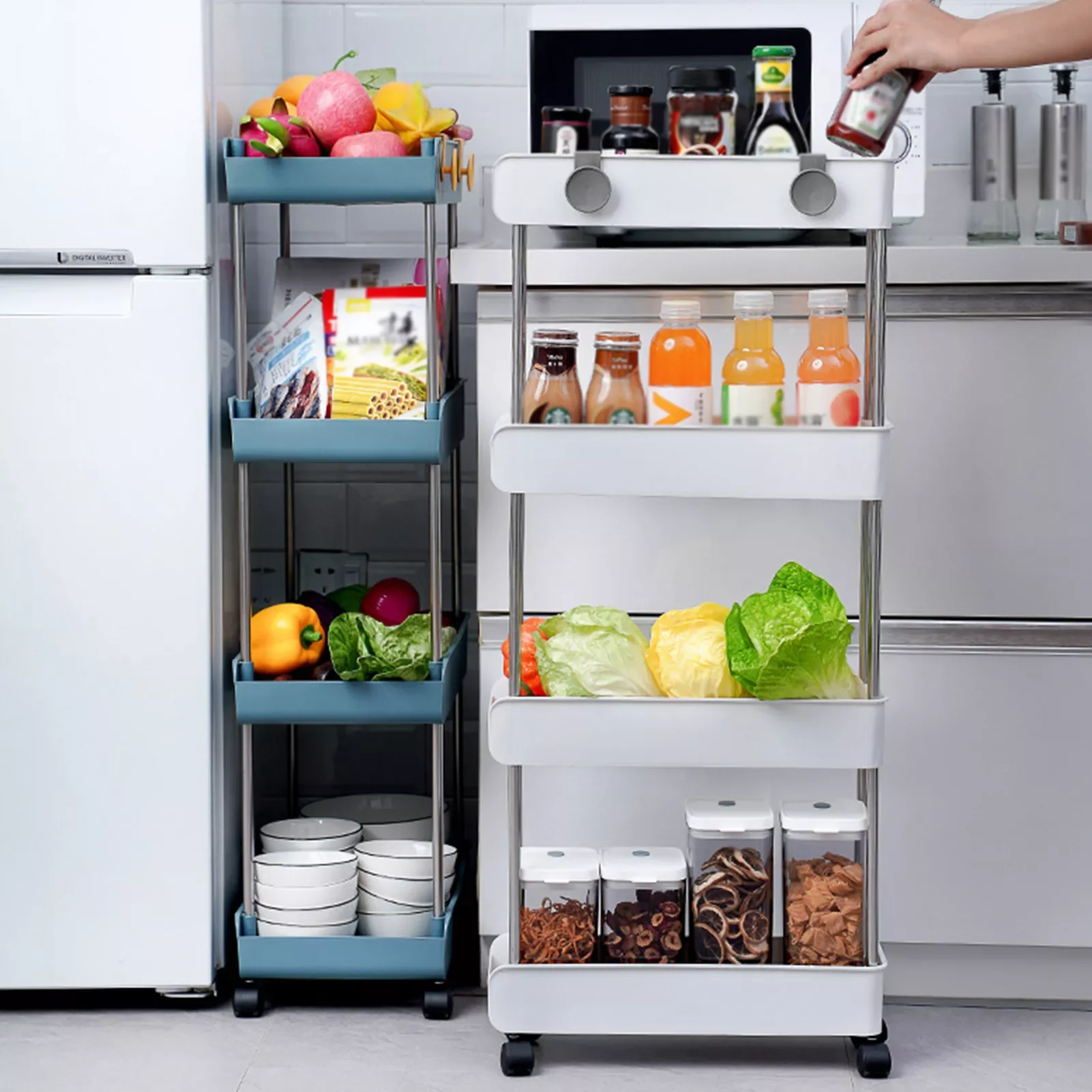 

NEW2023 3/4 Tier Rolling Utility Cart with Wheels Kitchen Storage Rack Bathroom Organizer Rolling Cart Easy Mobile Standing Shel
