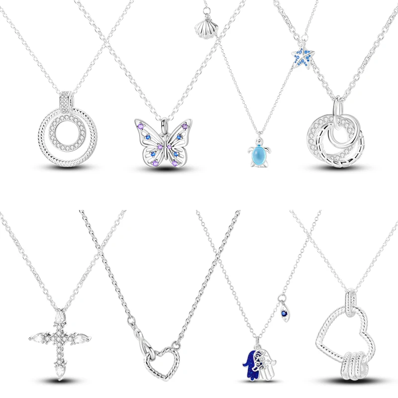 

Real 100% 925 Sterling Silver Blue Sea Turtle Heart Butterfly Evil Eye Pendant Necklace Snake Chain Fashion For Women 2023 New