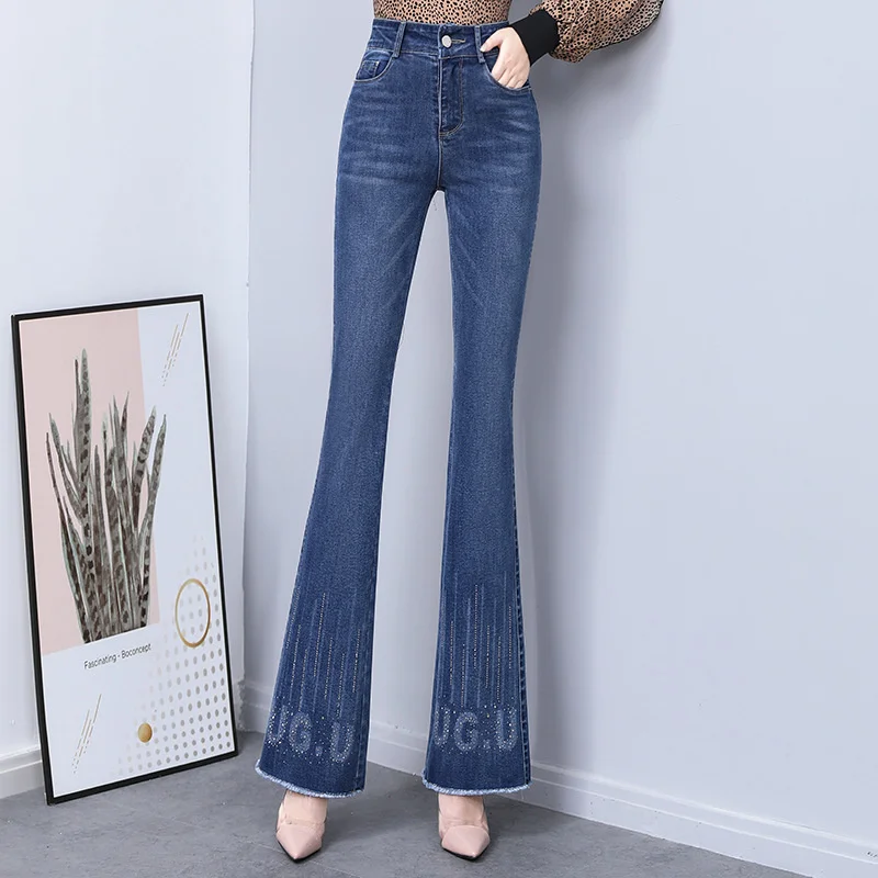 

#3190 Spring Autumn Blue High Waisted Jeans Diamonds Letters Slim Denim Flare Jeans Womens Elegant Office Bell Bottom Jeans 5XL