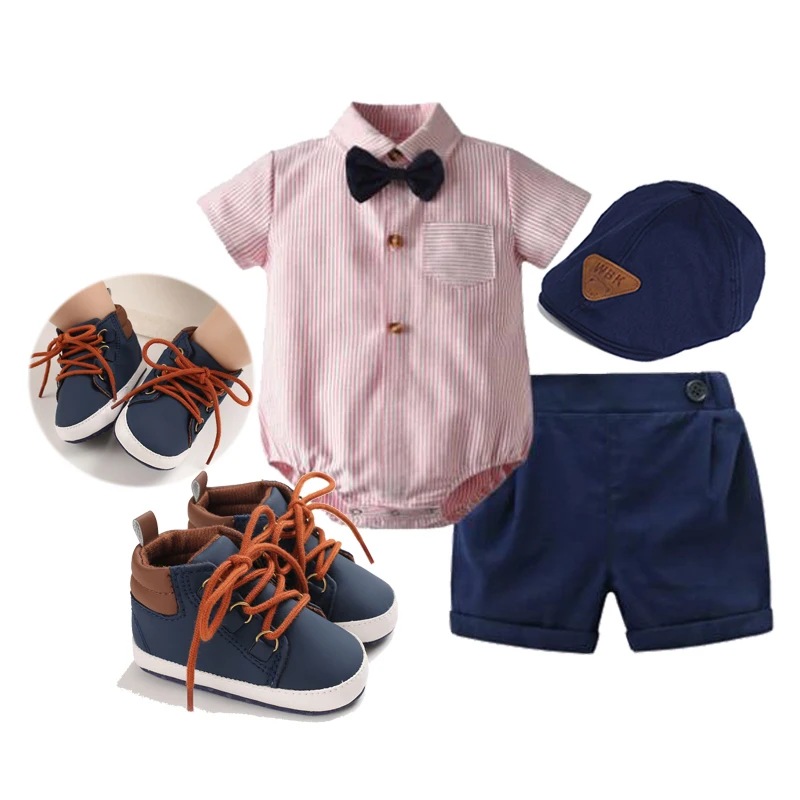 Gentleman Boys Clothes Baby Romper with Bow Tie Navy Pants Fashion Clothing Infant Photograph Outfit  Boy  Set