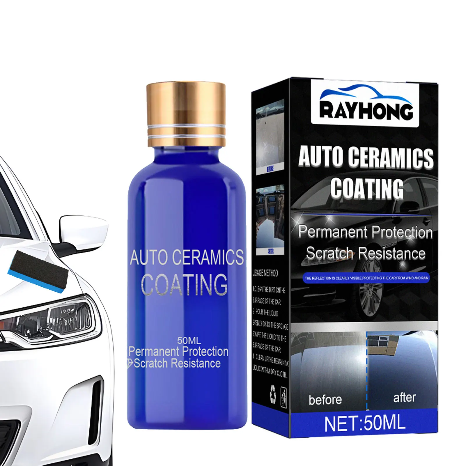 

50ml Ceramic Coating Kit Hydrophobic Polish Coating Agent with Sponge and No-dust Cloth Quick Coat Car Wax for Car Cleaning