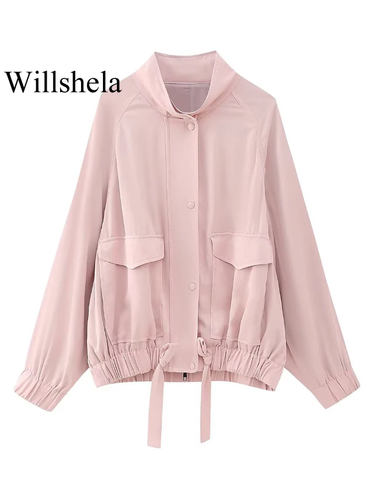 

Willshela Women Fashion With Pockets Pink Front Zipper Bomber Jackets Vintage O-Neck Long Sleeves Female Chic Lady Outfits