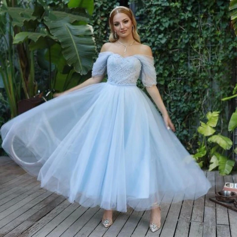 

ANGELSBRIDEP Light Blue Off-Sleeves Prom Dresses Luxury Pearls Tulle Tea-Length Garden Cinderella Romantic Evening Party Gowns