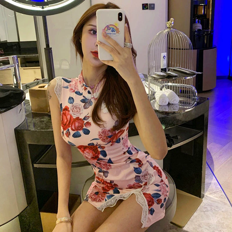 

Women Elegant Lace Cheongsam Mini Skirt Retro Print Lady Tea Artist Party Dress Sexy Nightclub Bodycon Slim Split Qipao Vestidos