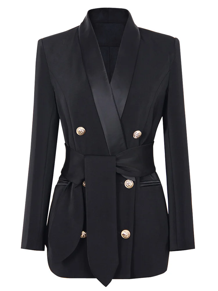 ZJYT Elegant Pink Blazers for Women Jacket Coat Autumn Winter Shawl Collar Office Party Black Outerwear Double Breasted Buttons