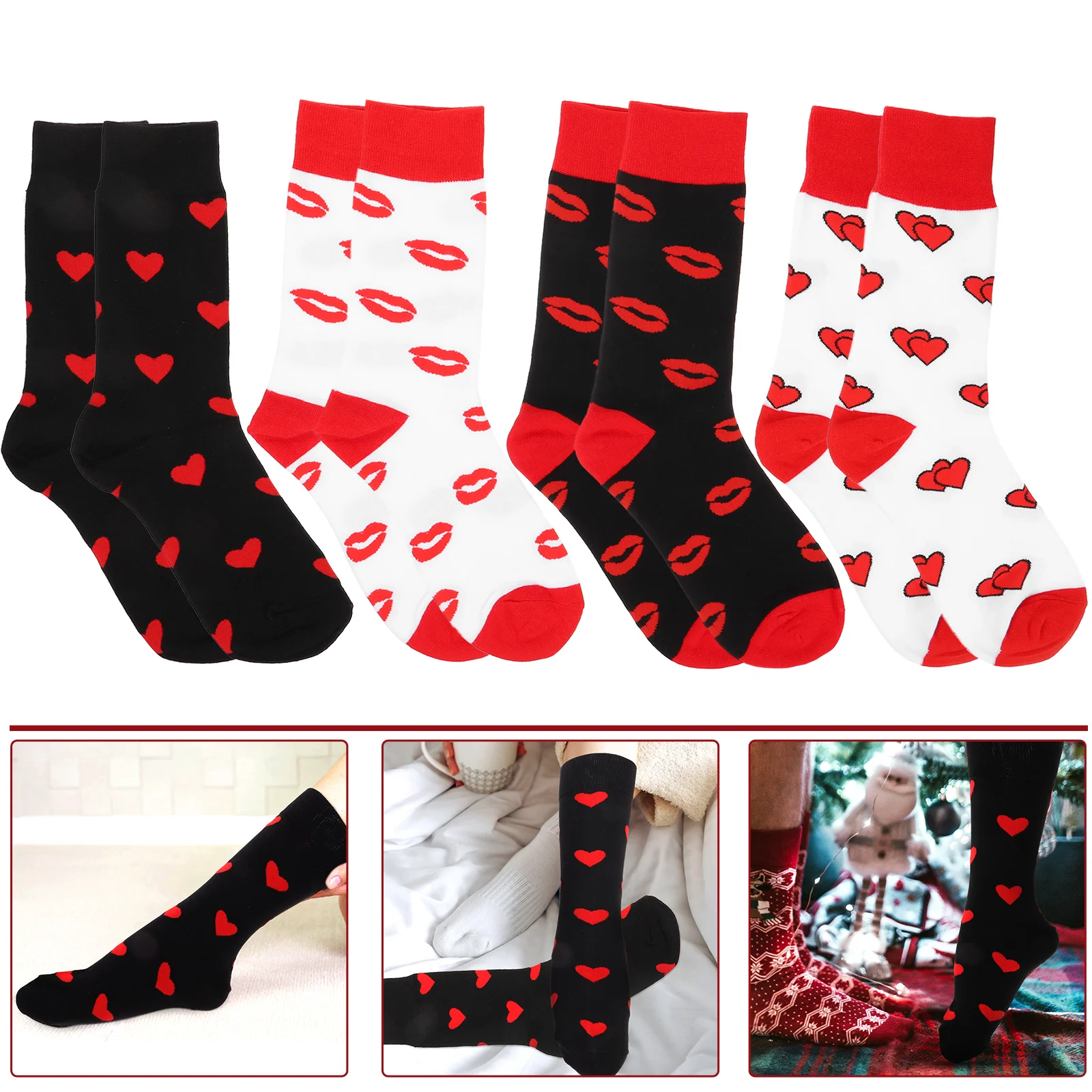 

4 Pairs Valentine's Day Socks Valentines Doilies Men Party Favors Cotton Treat Winter