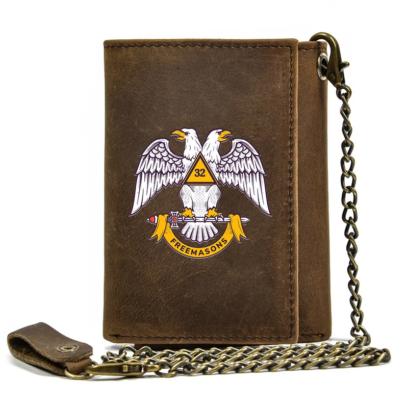 

Genuine Leather Men Wallet Anti Theft Hasp With Iron Chain Classic Freemasons Eagle Cover Card Holder Rfid Short Purse BT3680
