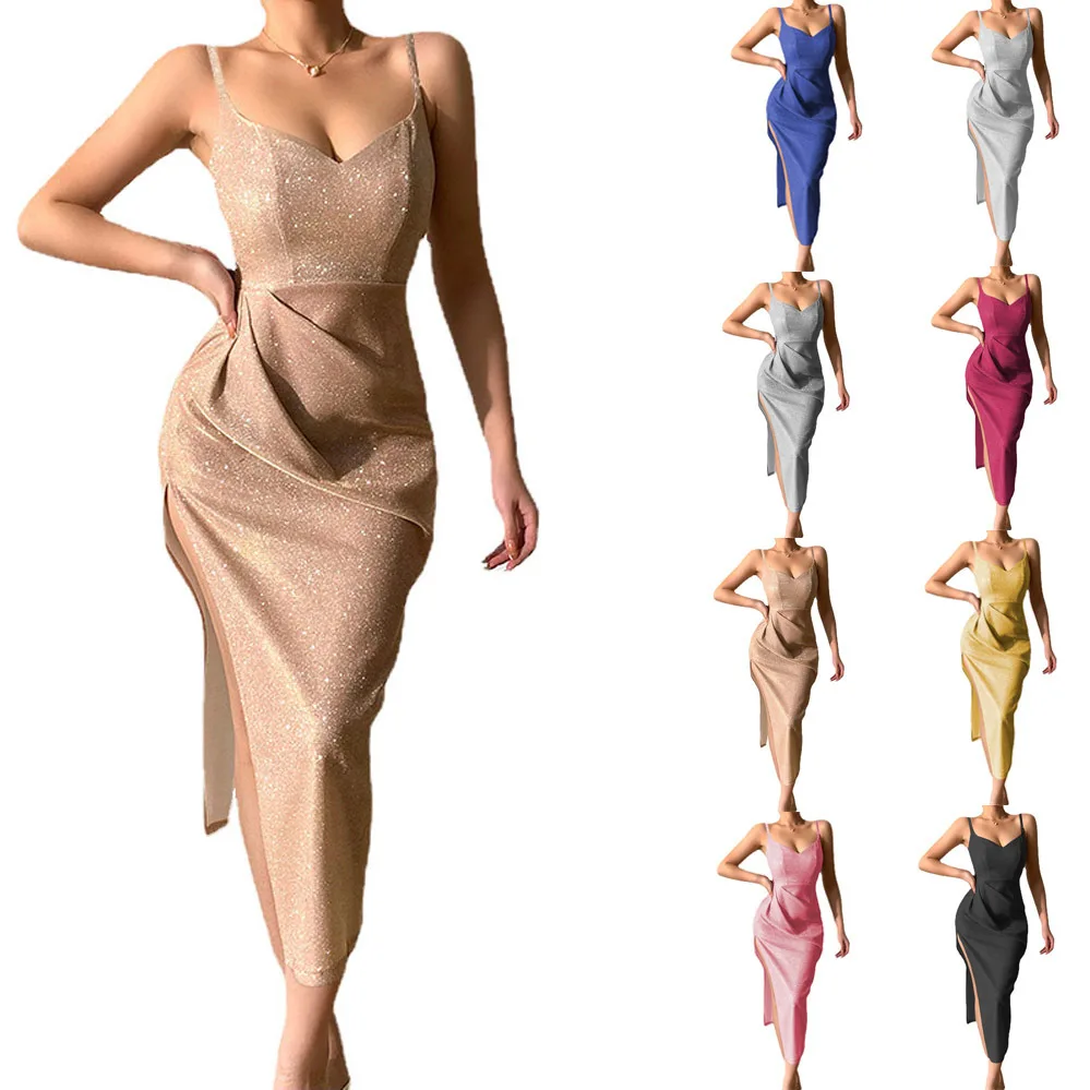 

New Glitter Pink Sexy Deep V Suspender Dress Slit Temperament Long Skirt Female