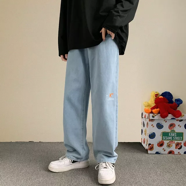2022New Autumn New Men's Baggy Jeans Fashion Straight Denim Wide-leg Pants Black Light Blue Ins Casual Trousers Streetwear M