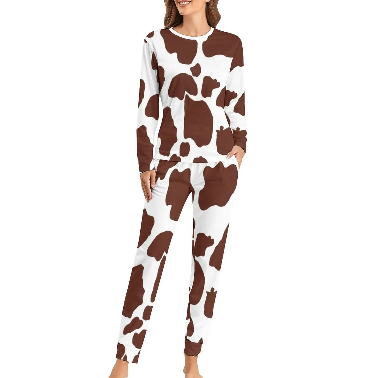 

Cow Print Pattern Pajamas Lady Brown Spotted Cow Skin Fashion Sleepwear 2 Pieces Sleep Oversize Pajama Sets