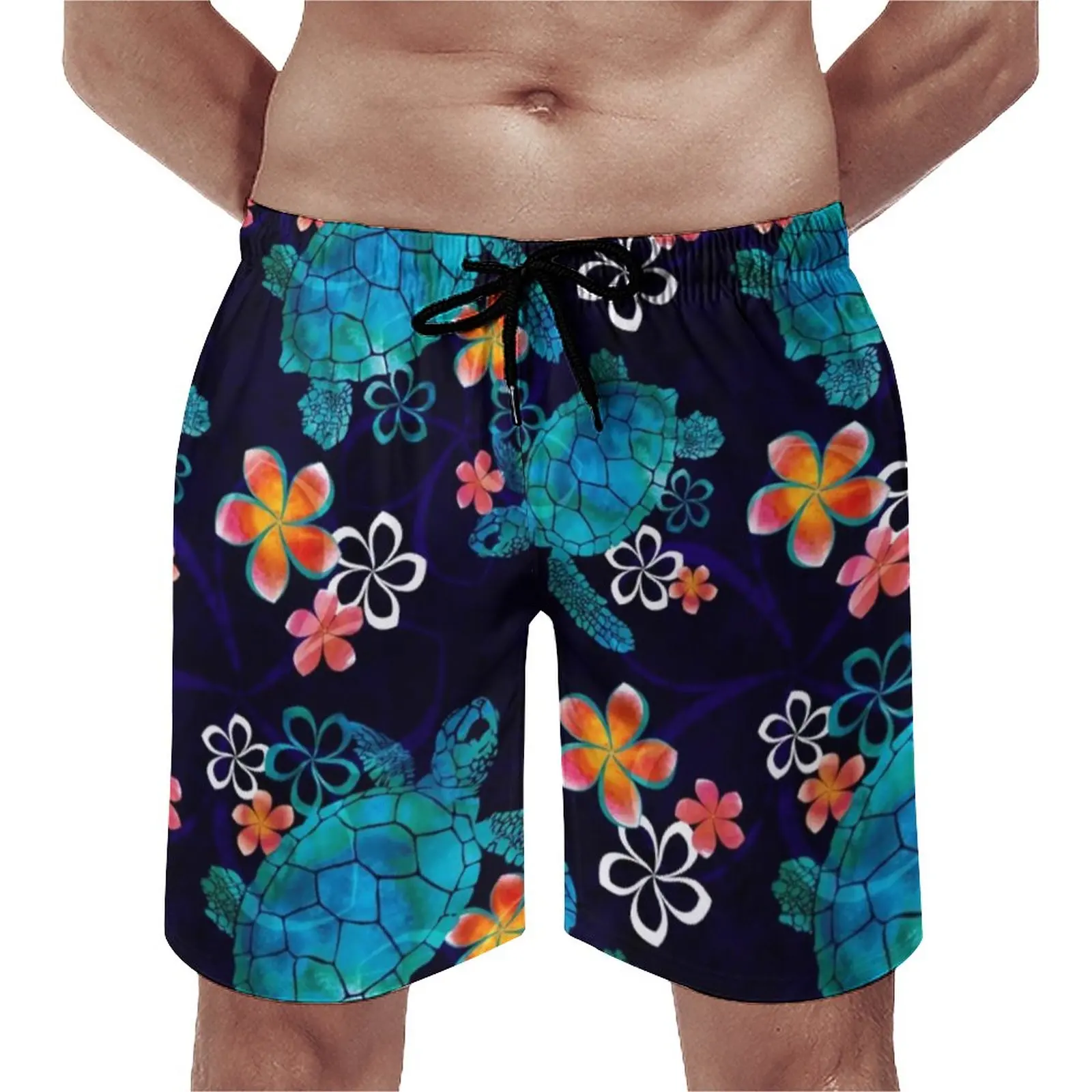 

Beach Pirnt Board Shorts Summer Sea Turtle with Flowers Casual Beach Short Pants Man Sportswear Fast Dry Custom Swimming Trunks