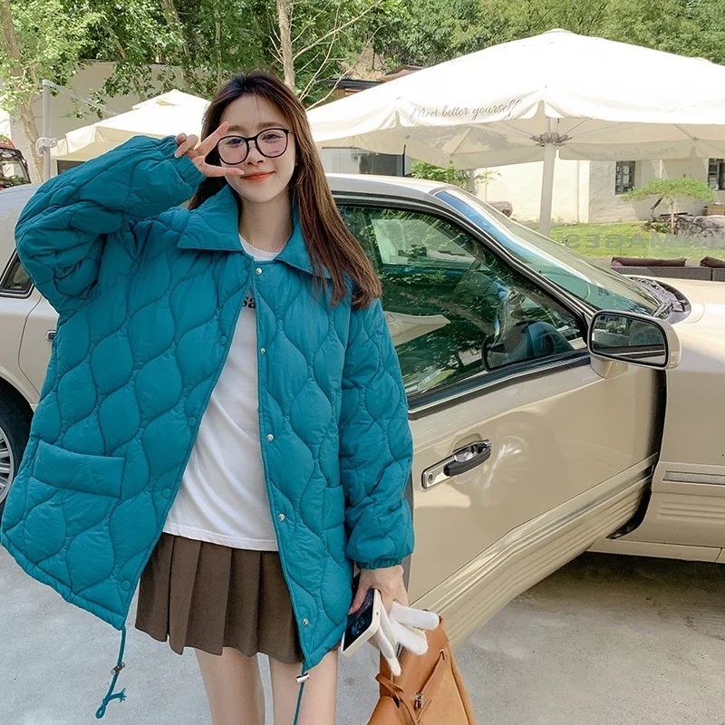 Solid Rhombus Pattern Winter Women Parkas Jacket Retro Turn Down Collar Loose Cotton Padded Coat Clothes Winter Fashion