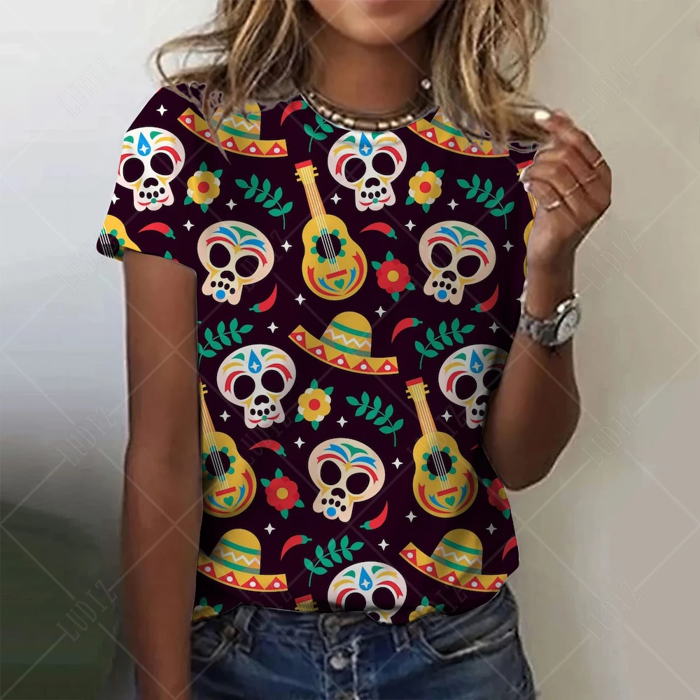 

Funny Sugar Skull Mexico Women's T Shirt 3D Print O-Neck Short Sleeve Tee Luxury Female Tshirts Oversized Y2k Clothing For Girls