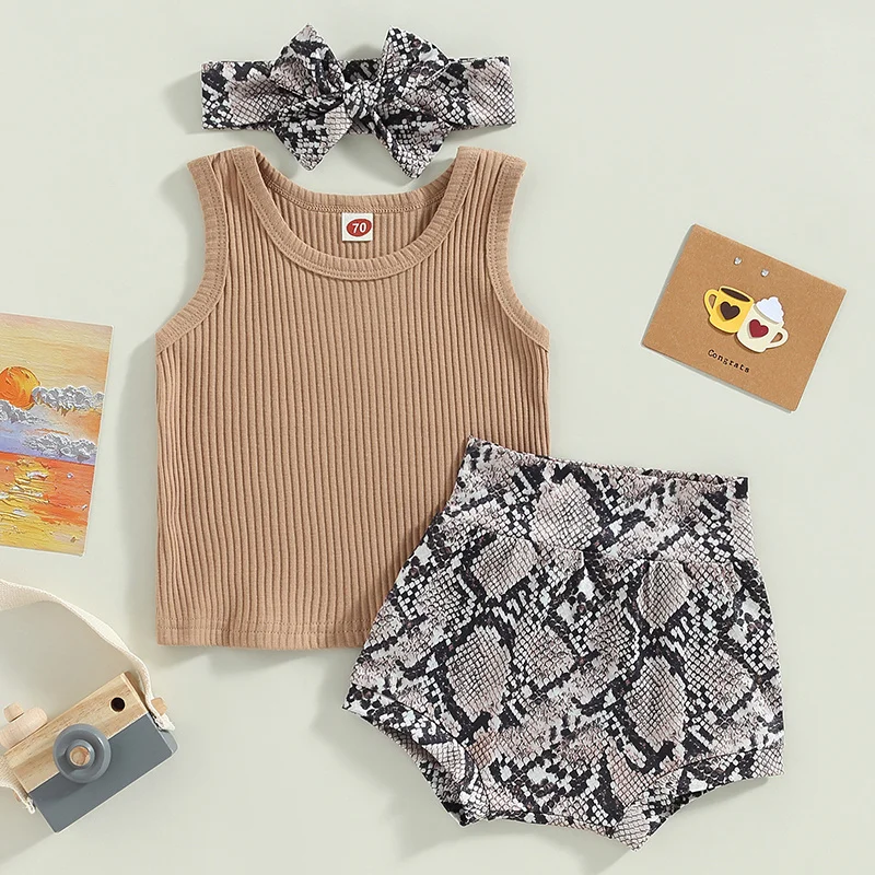 

3Pcs Baby Girls Summer Clothes Set Casual Fashion Ribbed Sleeveless Crew Neck Tops + Snakeskin Print Shorts + Bow Headband 0-24M