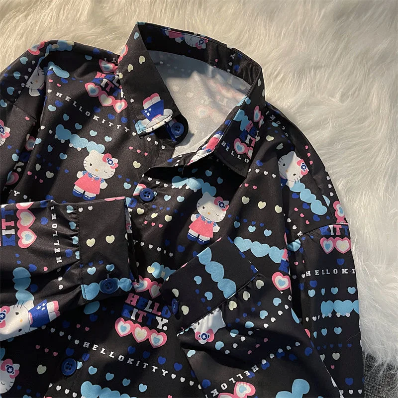 Блузка с принтом Hello Kitty Женская модный винтажный черный топ оригинальным