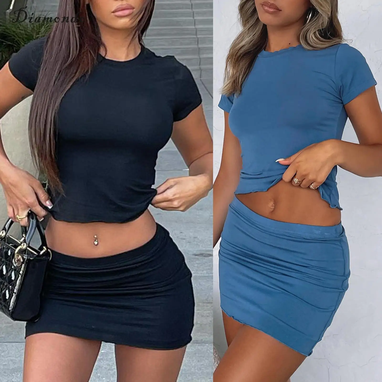 

Women Short Sleeve Top Skirt Slim Fit Ladies Summer Two Piece Suit Solid Color Sexy Style Pleated Streetwear Clothing