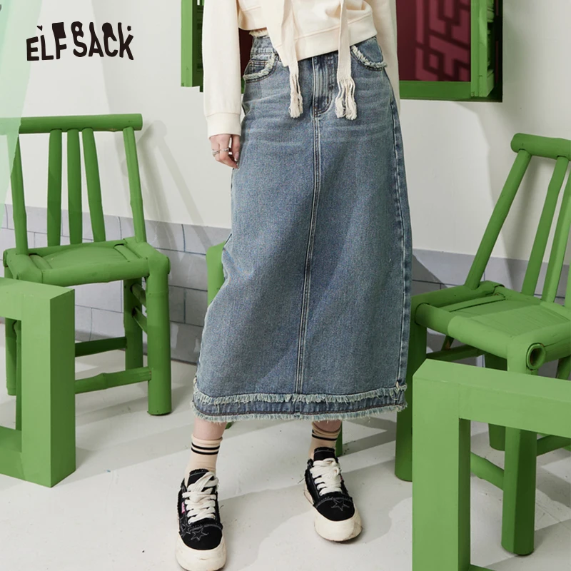 ELFSACK Mid-length Denim Skirt Women 2023 Spring High Waist Straight Bottom