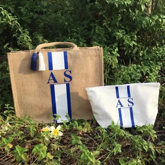 

Personalize monogram striped bridal honeymoon beach tote bags toiletry kits, Bridesmaid proposal gift bride beach totes bags