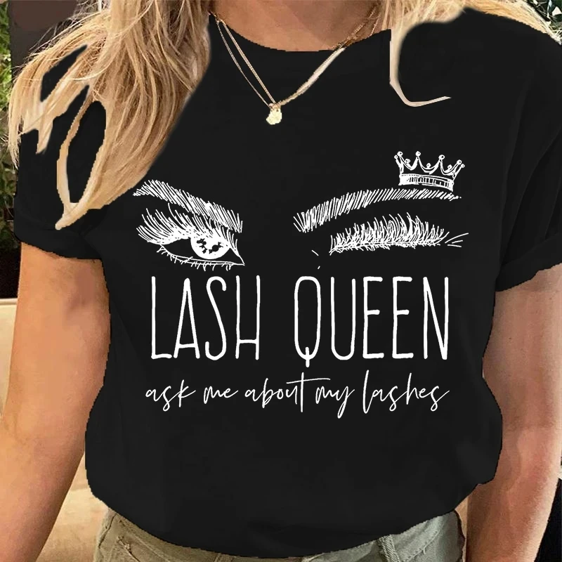 

Women's Fashion Lash Queen Printed Ladies Tshirt Elegant Style Black Solid Short Sleeve Large Size Top Female T Shirt