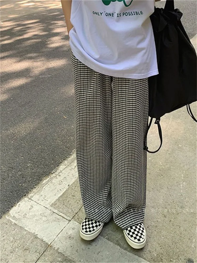 

QWEEK Harajuku Basic Plaid Pants Women Oversize Korean Fashion Wide Leg Checked Trousers Female Elastic Waist Joggers Sweatpants