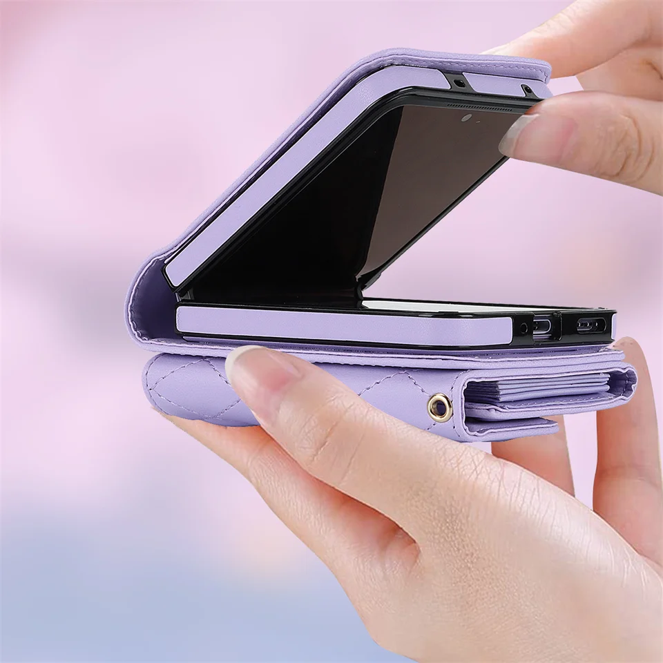 Long Lanyard Wallet Card Solt Crossbody Leather Phone Case For OPPO Find N2 Flip Cards Holder Coin Purse Cover Shockproof Bag