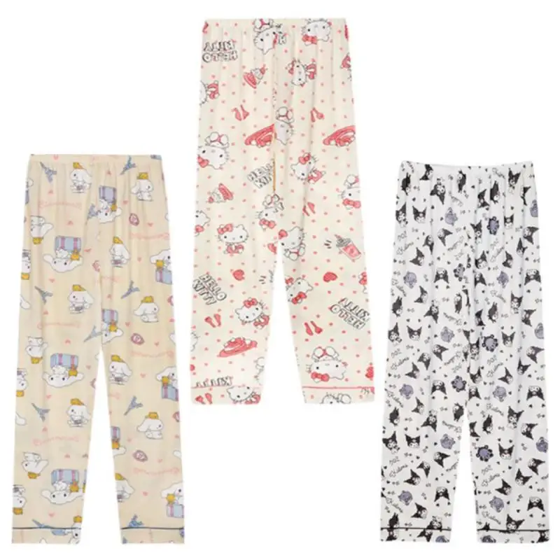 Sanrios Hellokittys Kuromi Cinnamoroll Anime Kawaii Cotton Pajamas Pants Cute Night Loungewear Print Loose Trousers Sleepwear