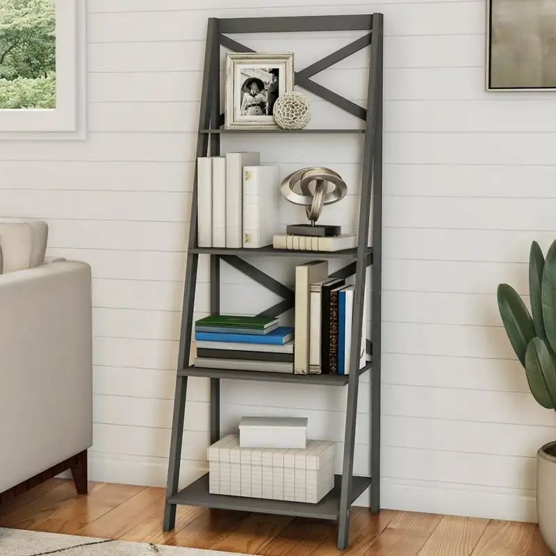 

4-Tier Freestanding Ladder Bookshelf with X-Back Frame, Gray Modern Shelves Shelving Bookcase Stable