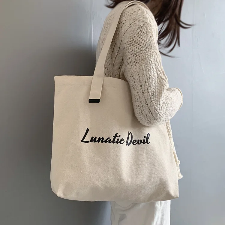 

Women Canvas Tote Bag Causal Lunatie Deuil Letters Print Shoulder Bag Female Cotton Cloth Handbag Grocery Large Shopping Bag New