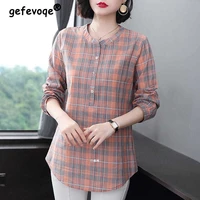 fashion all match round neck plaid shirt womens clothing summer new vintage casual 34 sleeve button spliced pullovers blouses