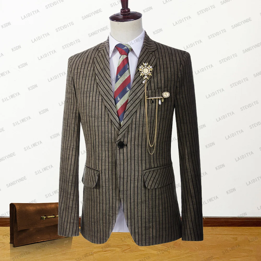 2023 New Men Suit Tuxedo Summer Slim Fit Groom Light Brown Linen Black Stripe Wedding Custom Terno Masuclino Jacket Blazer Coat