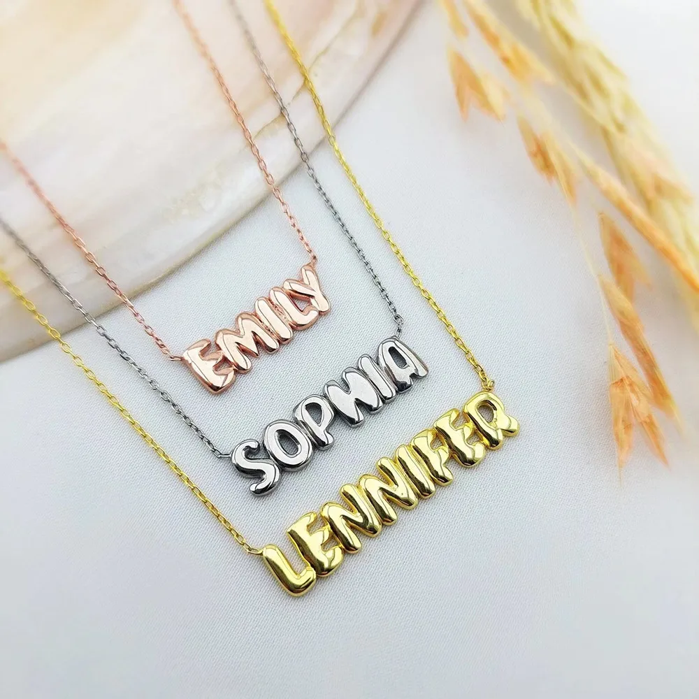 3UMeter 925 Silver 3D Balloon Name Necklace Women Personalized Bubble Name Puff Necklace Mother's Day Gift