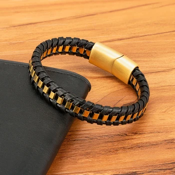 Black Leather Men Bracelets Punk Style 3