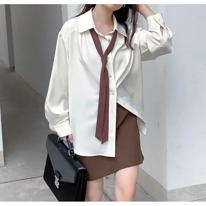 

Mid-length Women Shirt 2023 Autumn Clothes Women Basic Apricot Shirt Lazy Tie Blouse Female Loose Womens Tops Casual BF Blouses