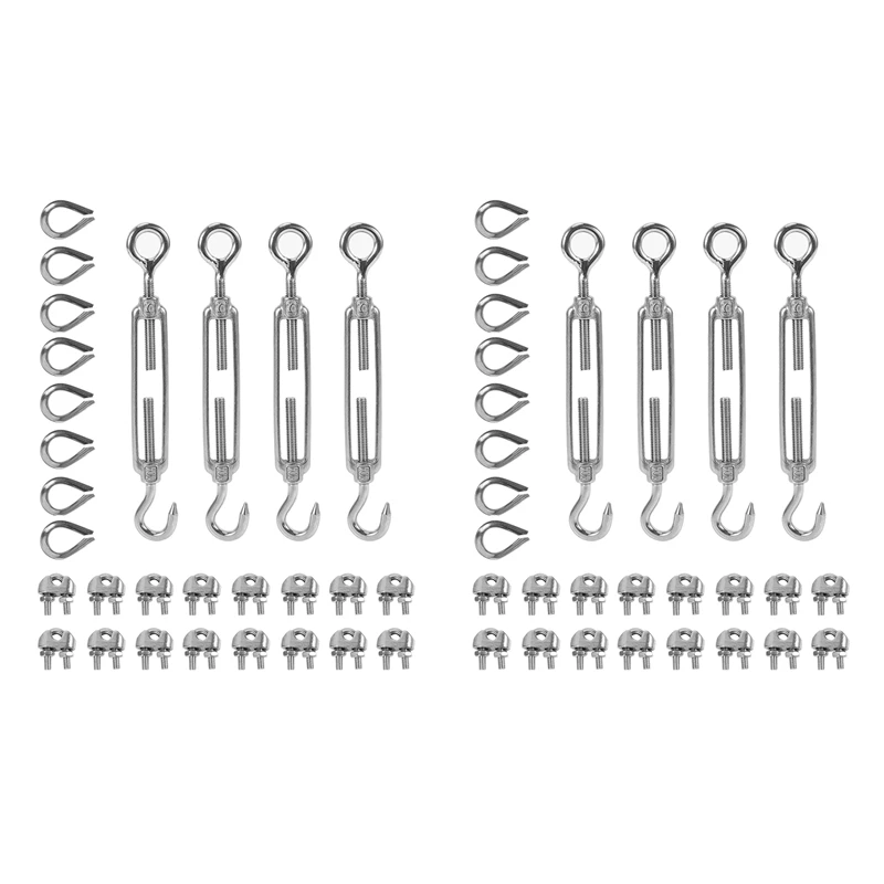

New-8Pcs Turnbuckle/Tension(Eye&Hook, M6), 32-Pcs 1/8 Inch Wire Rope Cable Clip/Clamp(M3), 16-Pcs Thimble(M3)
