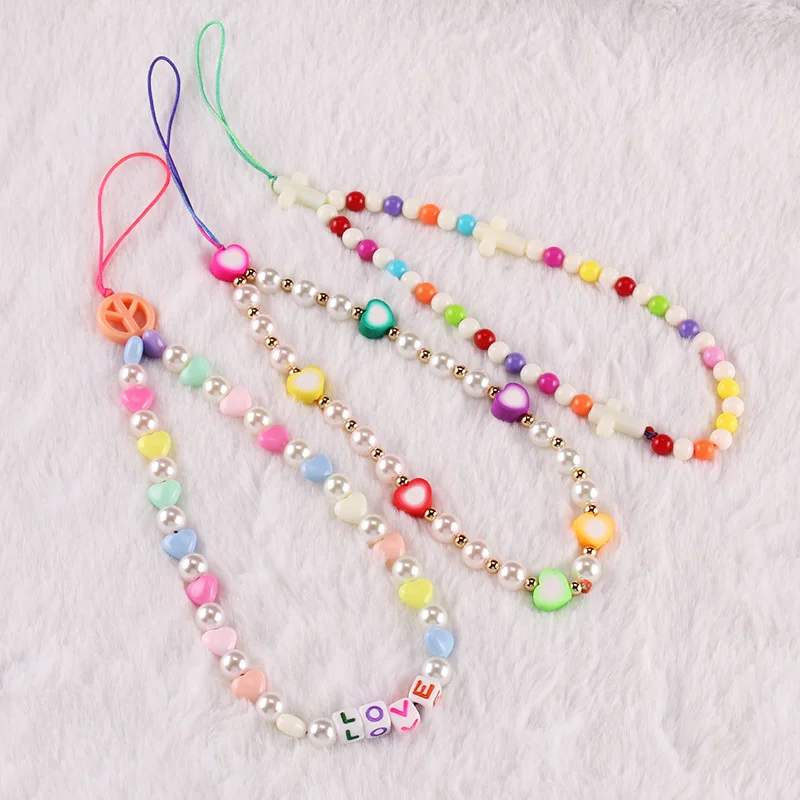 Acrylic ladies jewelry ethnic style diy color soft pottery imitation pearl acrylic geometric beaded mobile phone chain