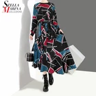 Новинка; Летнее женское платье синего цвета с принтом и длинными рукавами; Асимметричное платье до щиколотки с поясом; Женские стильные вечерние платья; Femme Style; 3906