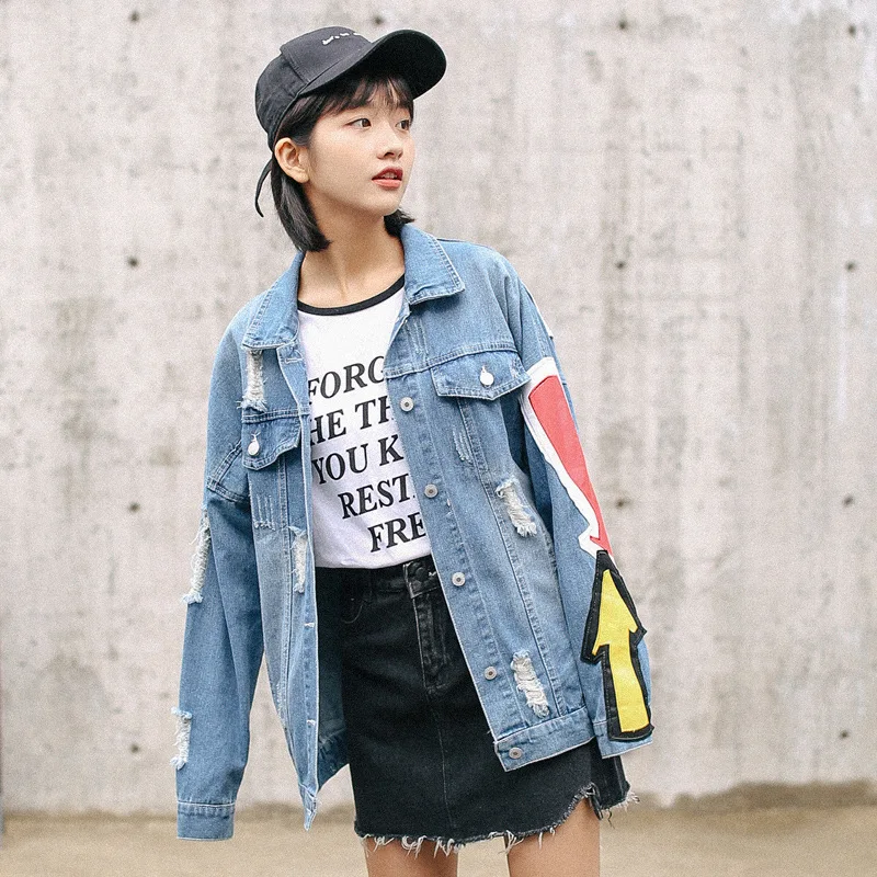 

Women Lapel Single Breasted Loose Cowboy Jacket Indie Patch Designs Denim Jacket Korean Little Angel Pattern Aesthetic Outwears