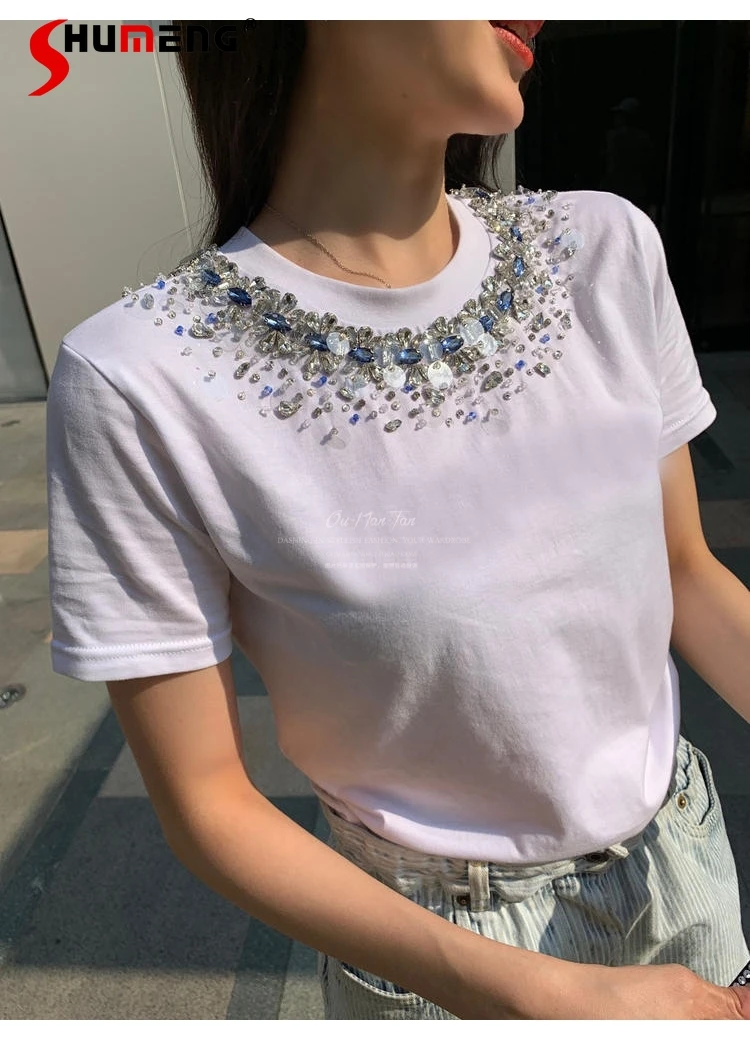 

New Summer Short Sleeve Rhinestones Beaded Round Neck Tee Tops Women's Heavy Industry Diamond T-shirt Cotton Tshirt