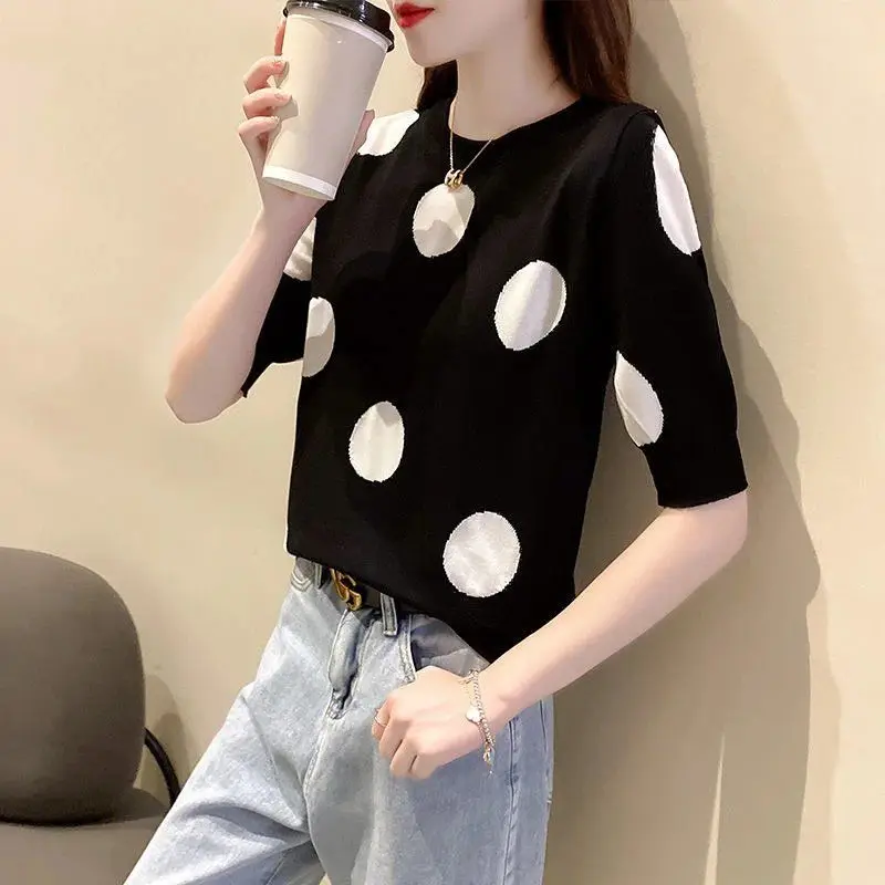 

2023 Spring and Summer New Polka Dot Printed Short Sleeve Round Neck Simplicity Commute Loose Inner Layering Ice Silk T-shirt