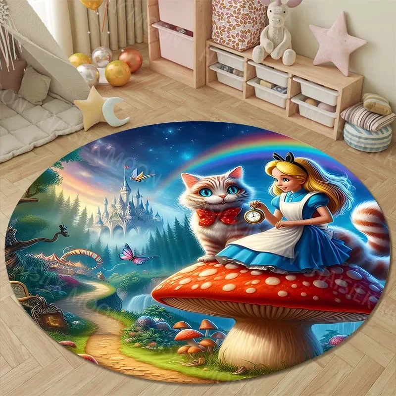 Круглый мультяшный ковер с принтом Алиса в стране чудес для детей гостиной