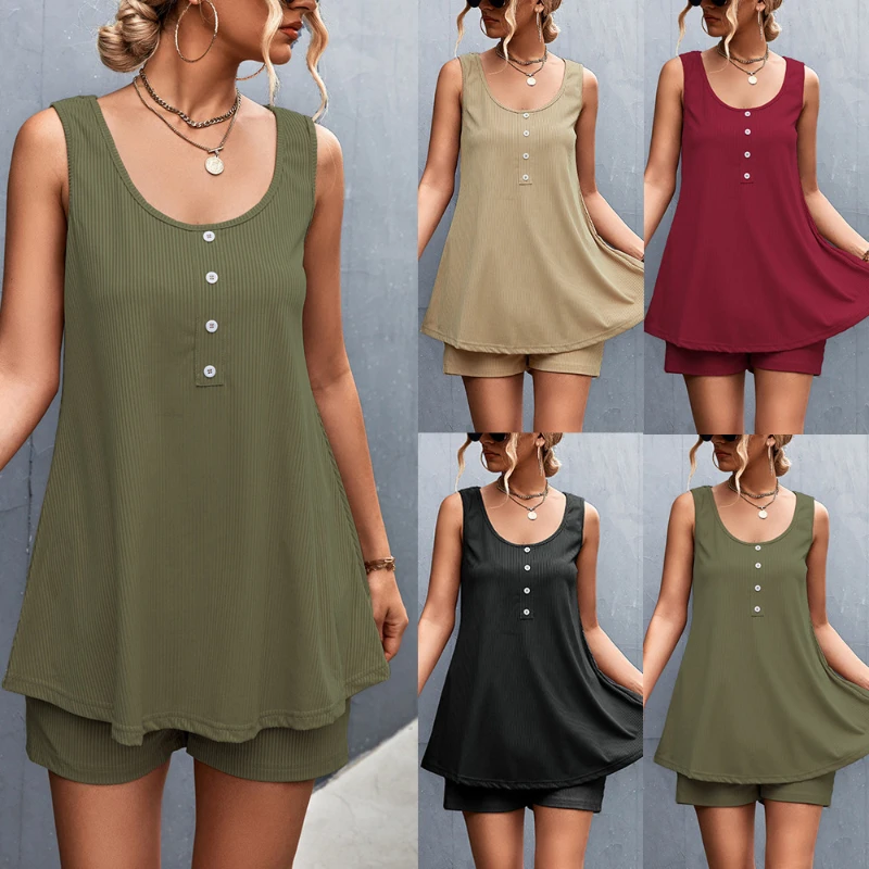 

Women Solid Color Loose Suit Summer Button Sleeveless Round Neck Pullover Long Vest High Waist Straight Shorts Suit 2 Piece Suit