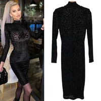 dress sexy club outfits 2022 tight fitted dresses slim elastic solid party long sleeve full leopard bodycon knee length dress
