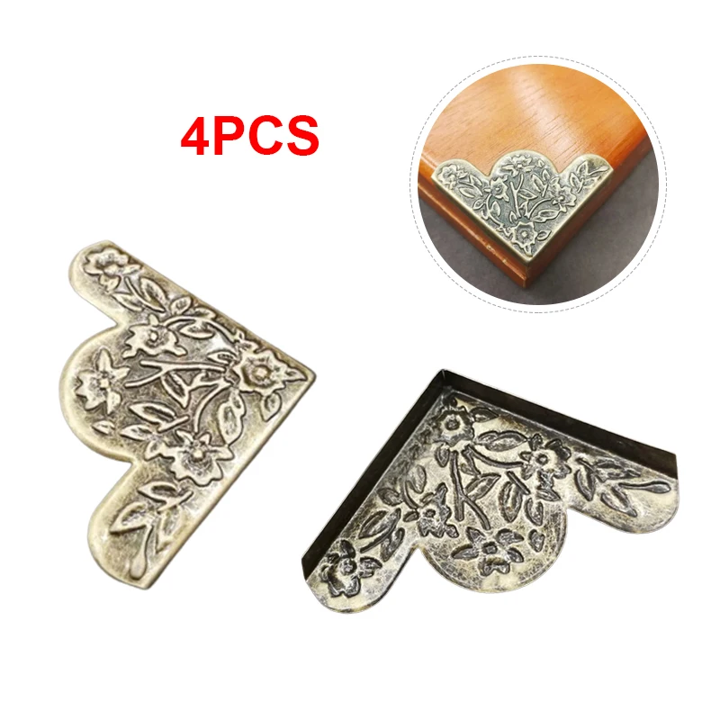 

4PCS Antique Corner Brackets Protector Decorative Flower Carved Metal Wrap Angle Jewelry Box Corner Code Angle Furniture Fitting