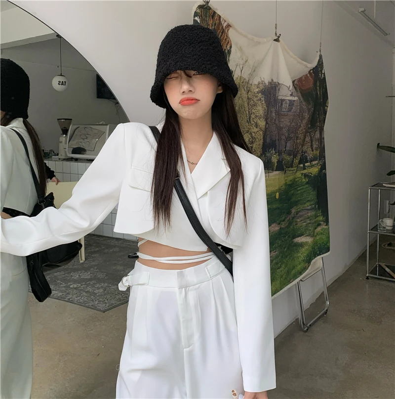 

Office Lady Blazer Suits Korean Style Two Piece Set Women Long Sleeve Lace-up Blazer + High Waist Wide Leg Pant 2 Piece Outfits
