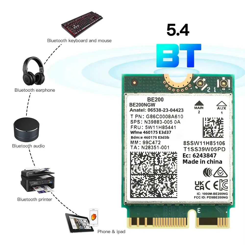 Фото Wi-Fi 7 BE200 Bluetooth5.4 Wi-Fi NGFF карта 8774 Мбит/с BE200NGW трехдиапазонный беспроводной сетевой адаптер 2,4/5/6 ГГц для ноутбука Win 10/11 №4