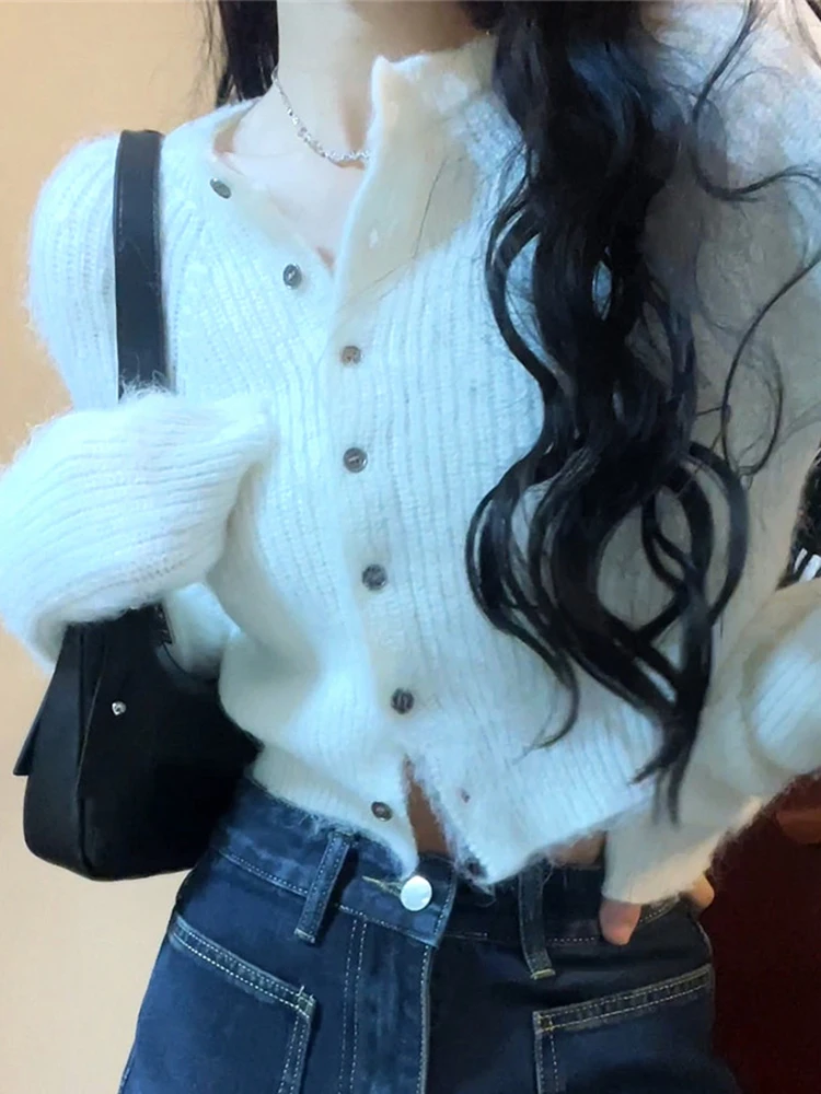 

Женский трикотажный укороченный свитер, эстетичный кардиган на пуговицах с длинным рукавом, корейская модная одежда, новинка зимы 2022